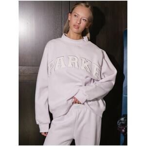 NWT Parke Varsity Mockneck Sweatshirt Lilac + White Fleece Lined Oversized S/M